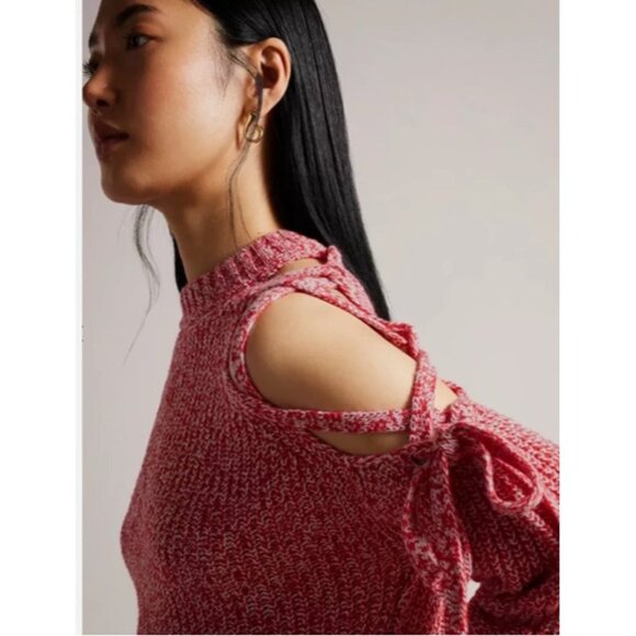 Ted Baker London Red & White Merlina Lace-Up Cold Shoulder Sweater Sz 1 / 4 NWT! - Picture 2 of 10